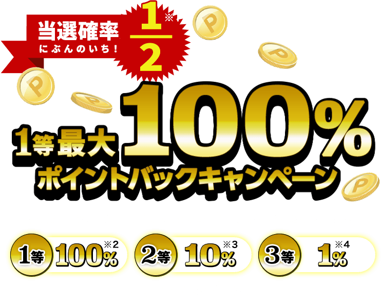 24時間限定！当選確率2分の1！1等最大100%ポイントバック